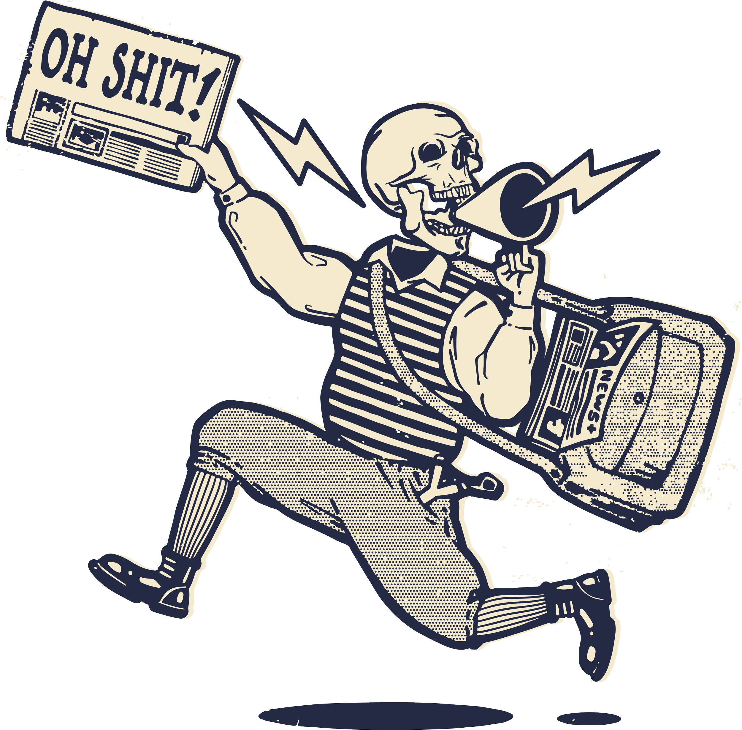 Illustration of a skeleton with a bat, wearing striped shirt and shorts, holding a newspaper, microphone, and TV, with lightning bolts around its head.