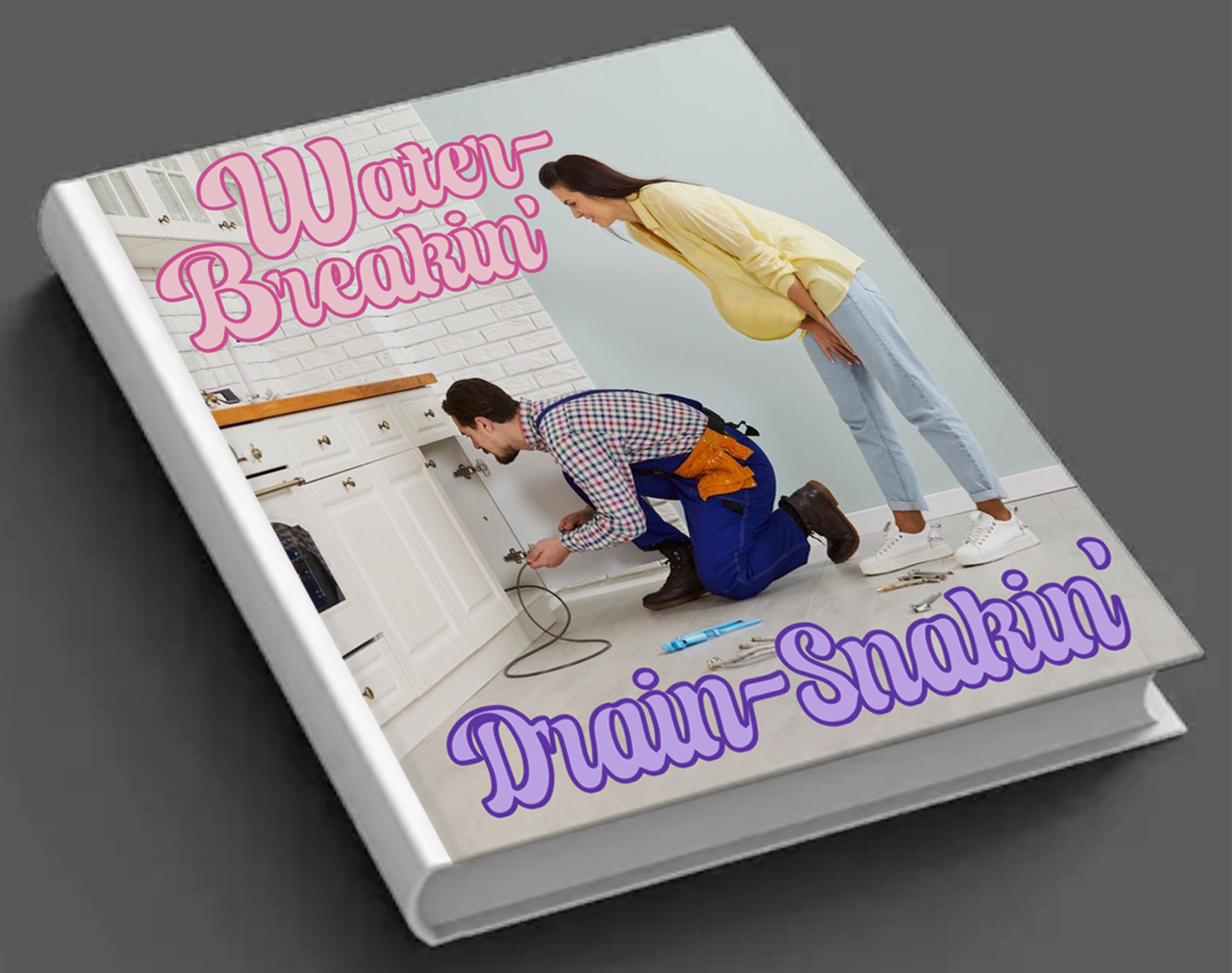 A photo of a man kneeling under kitchen cabinets fixing plumbing, and a woman standing nearby leaning forward with hands on her knees, observing. The book cover has pink text at the top saying "Woman Breakdown" and purple text at the bottom saying "Drama-Snark".