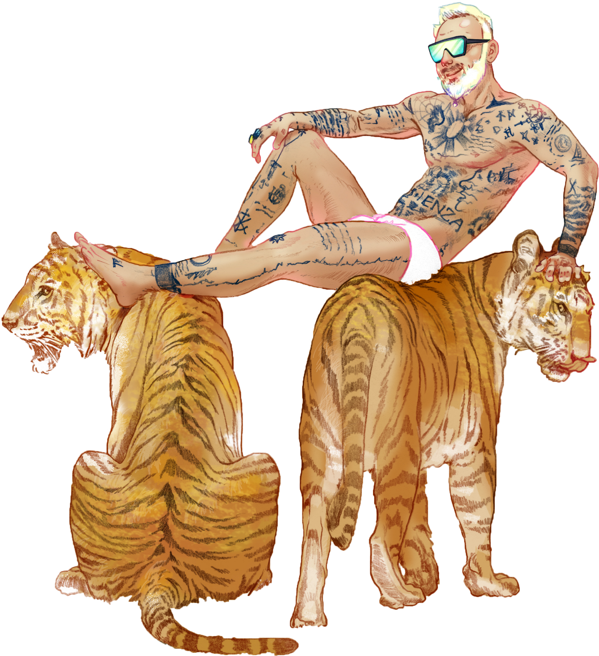 Tattooed man wearing sunglasses and pink underwear, sitting on two tigers with front paws on the ground, resting his feet on the tigers' backs.
