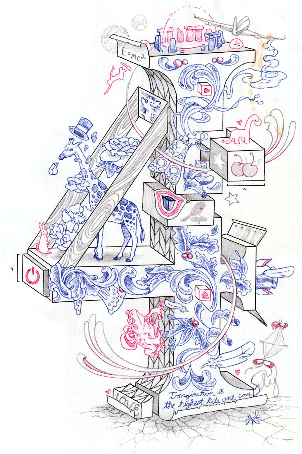 Colorful line drawing illustrating imagination, featuring animals, flowers, and abstract shapes, with a giraffe, rabbit, and fish, and symbols like a power button and celestial objects, accompanied by the quote 'Imagination is the highest kite one can fly'.