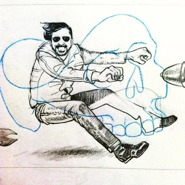 A sketch of a person with sunglasses and a hoodie, in a dynamic pose as if riding a large skull outline, with some blue sketch lines around.