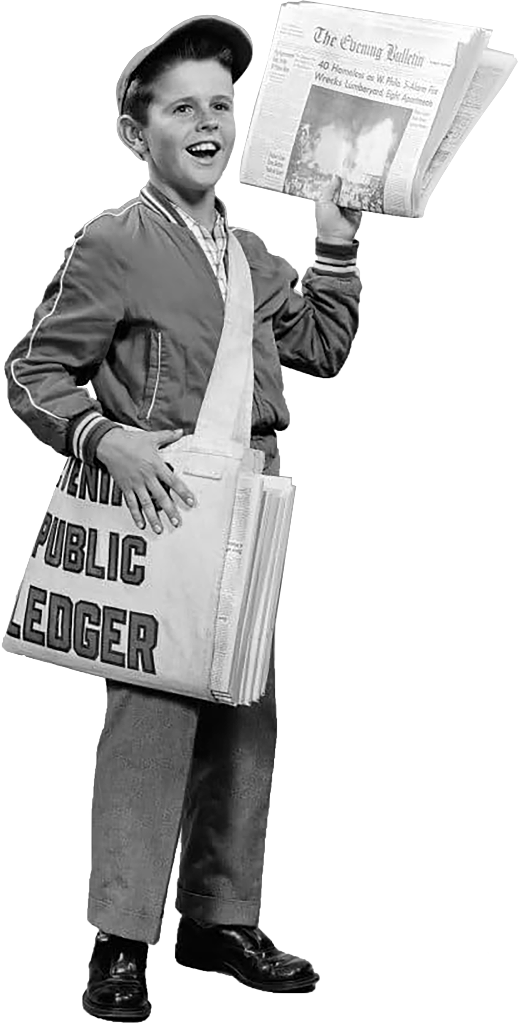 Black and white image of a young boy smiling, wearing a jacket, pants, and a baseball cap, holding newspapers, with a tote bag labeled 'Public Edger' hanging on his shoulder.
