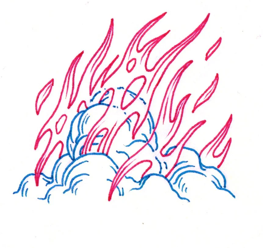 A hand-drawn illustration of blue clouds with red flames rising above them.