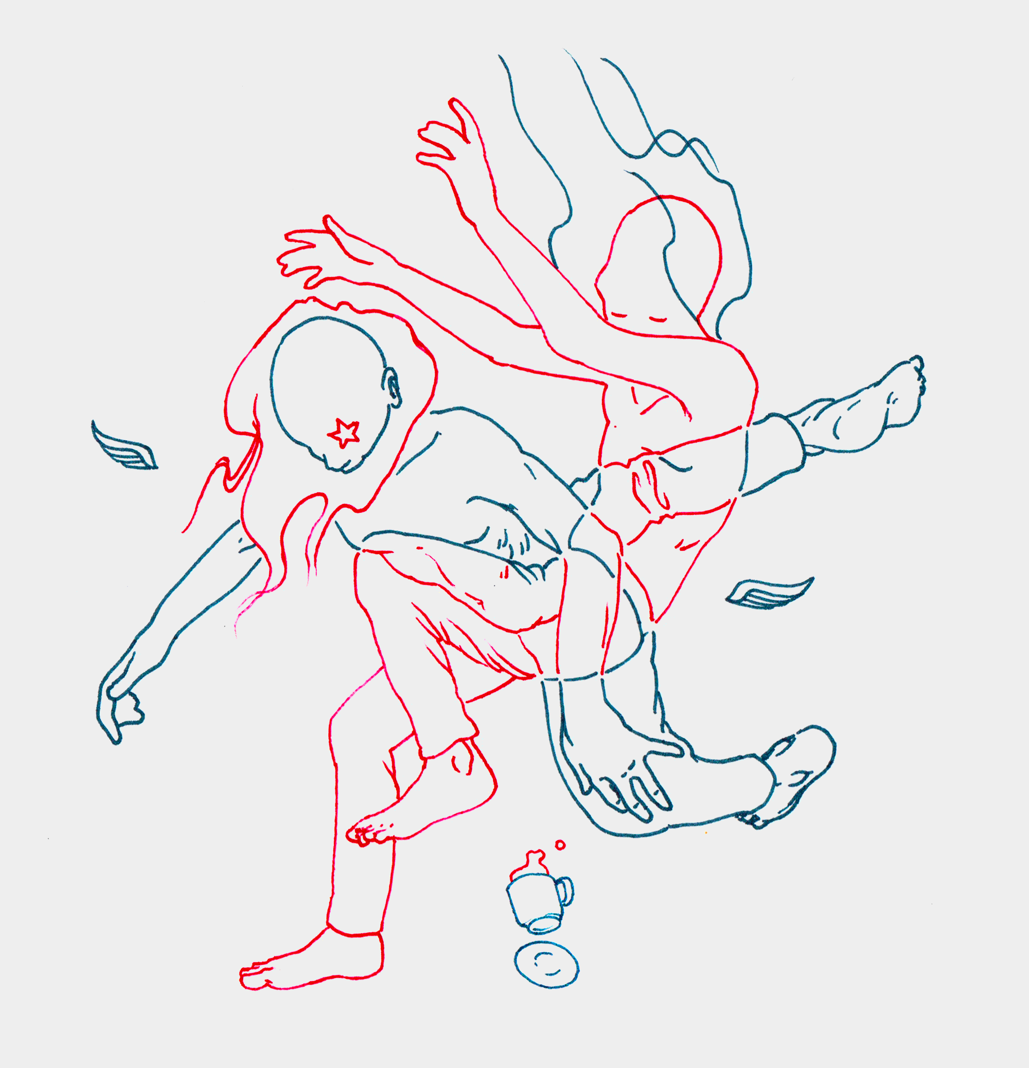 Line drawing of two people, one sitting and the other jumping, with falling leaves and a coffee cup on the ground.