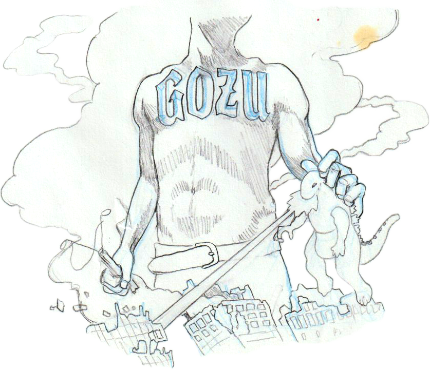 A sketched figure with the word 'GOZU' tattooed on their chest, holding a dog leash attached to a dog, with a cityscape at the bottom and clouds in the background.