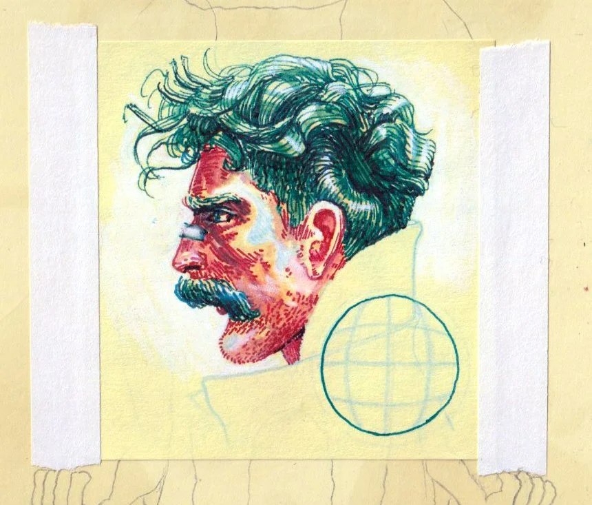 Colorful illustration of a man's profile with curly hair and a mustache, drawn on a yellow paper with tape on the edges, and a circle with a grid pattern nearby.