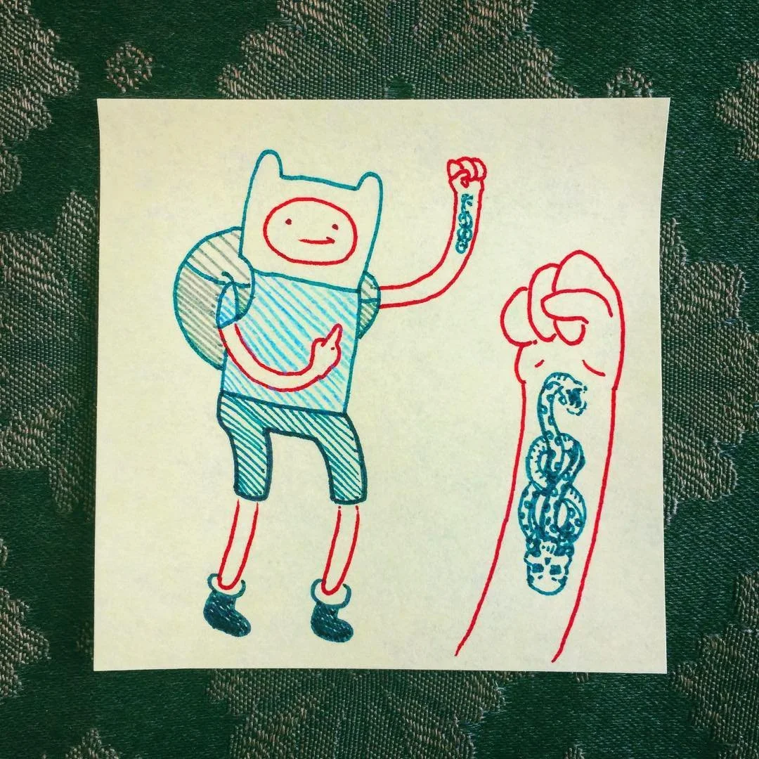 A colorful line drawing of Finn the Human from Adventure Time with a backpack, raised fist, and happy expression, next to a hand with a drawing of a snake or eel.