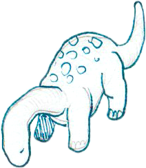 A cartoon illustration of a baby dinosaur with a rounded body, a long neck, a small tail, and four legs, predominantly white with blue accents and spots.