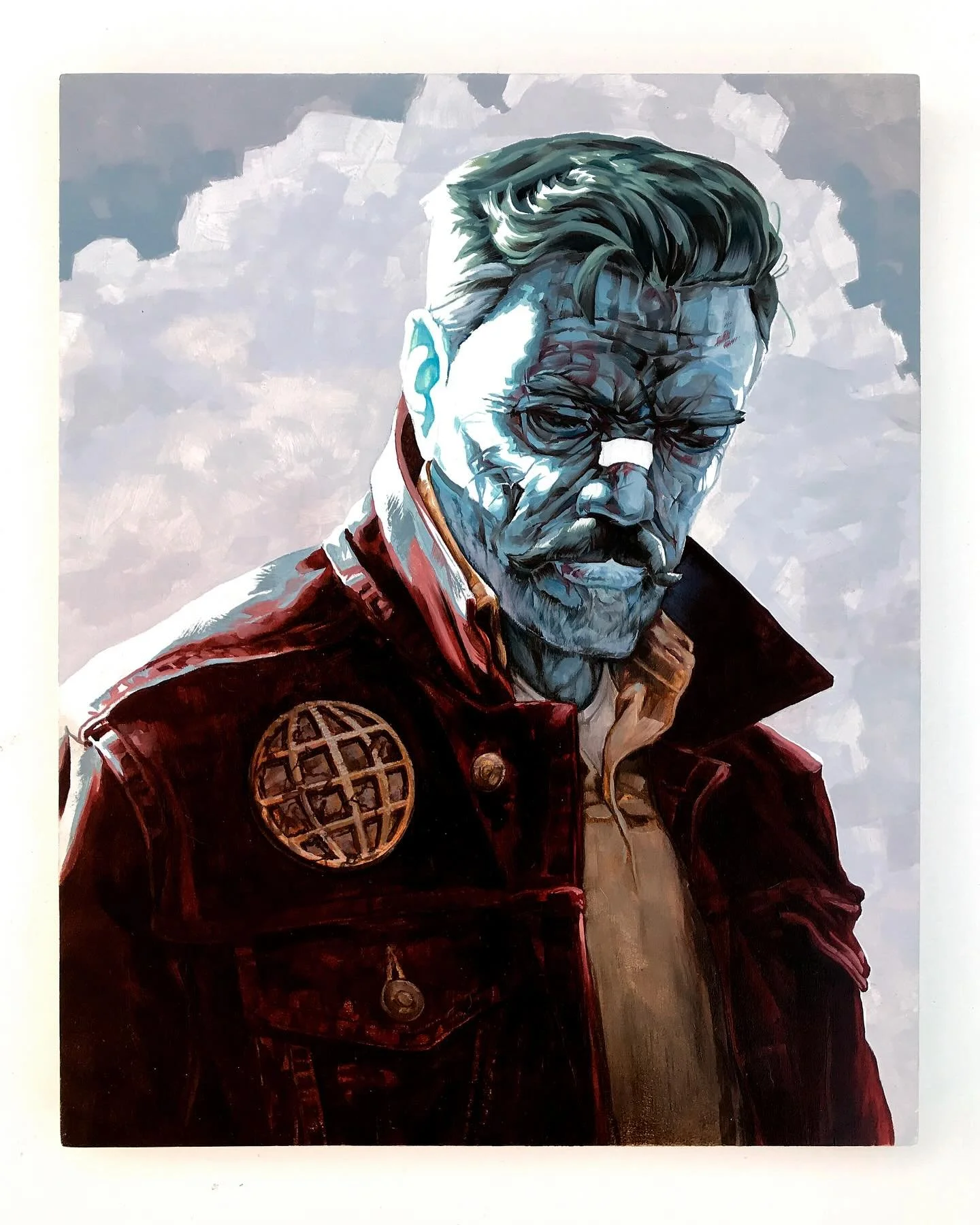 Illustration of a man with a rugged face, wearing a dark red jacket with a circular patch on the shoulder, and a beige shirt underneath, set against a cloudy sky background.