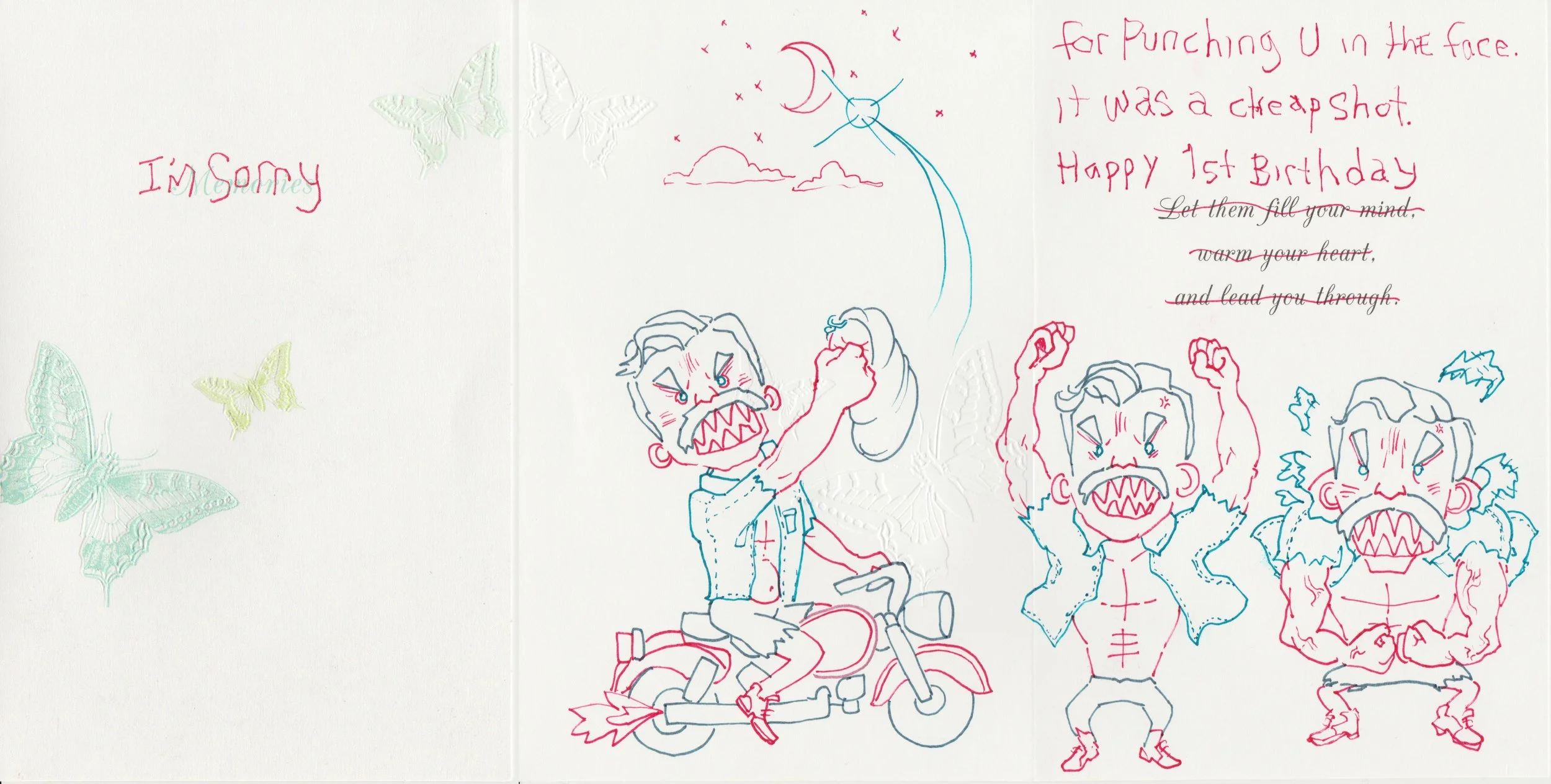 A greeting card featuring colorful sketches of angry children, some with fists raised, riding a motorcycle, and a flying kite. The card has decorative embossed butterflies and handwritten messages about an apology and a birthday, with crossed-out lines and red and blue ink.
