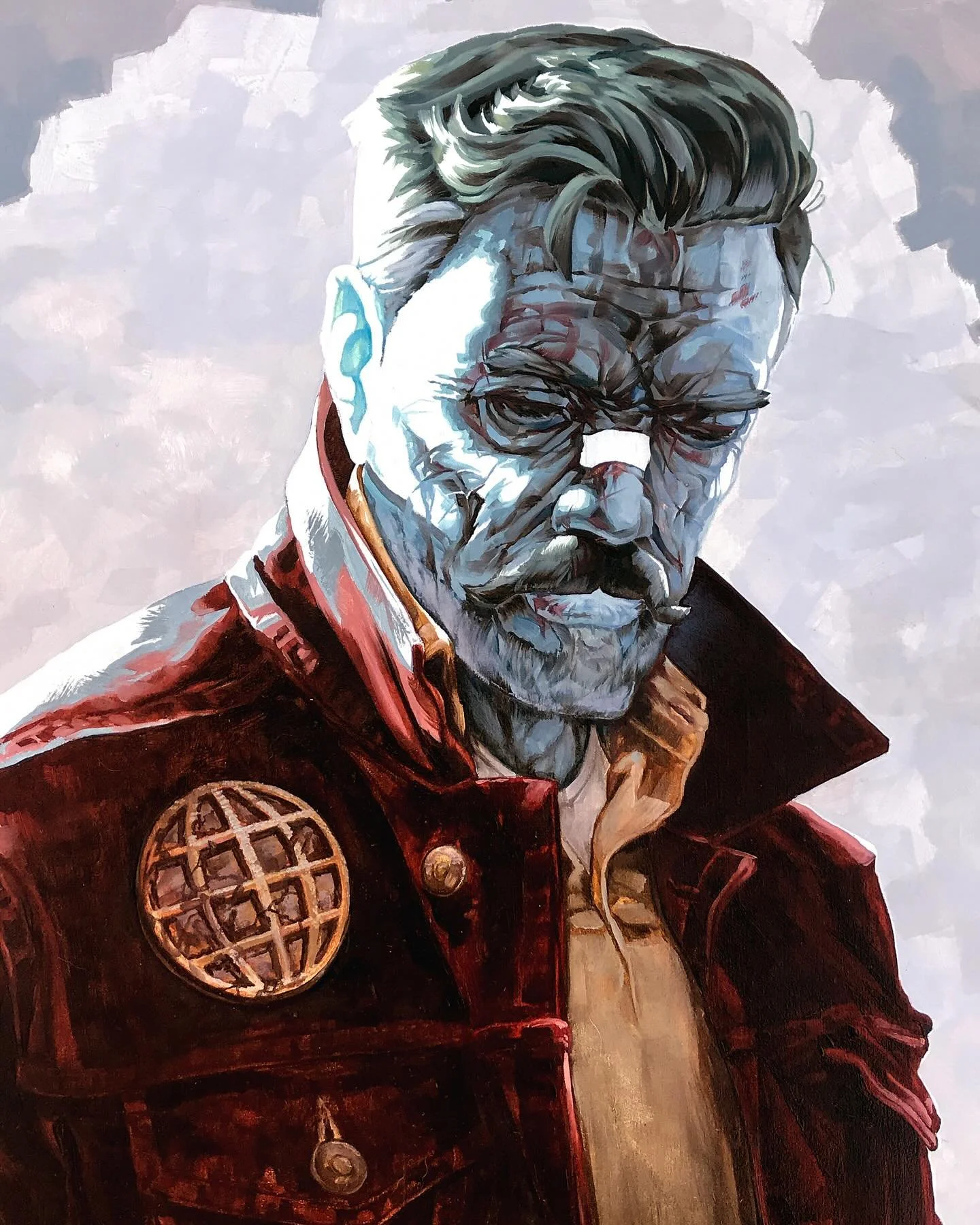 A detailed painting of a man with a mustache and gray hair, wearing a red leather jacket with a gold emblem on the shoulder, against a gray and white background.
