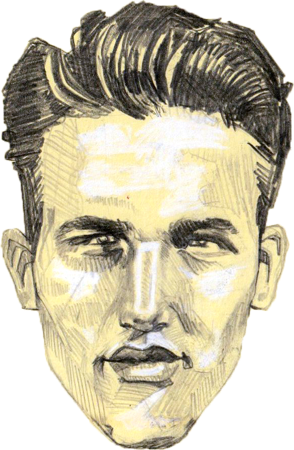 A pencil sketch of a young man with styled hair, furrowed eyebrows, and a slightly open mouth.