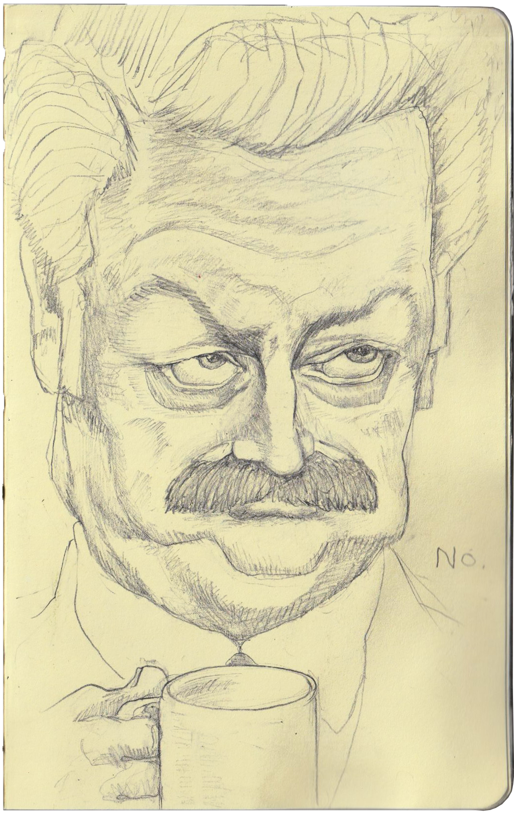 Hand-drawn sketch of a man with a mustache and glasses, holding a mug, with the word 'No.' written in the bottom right corner.