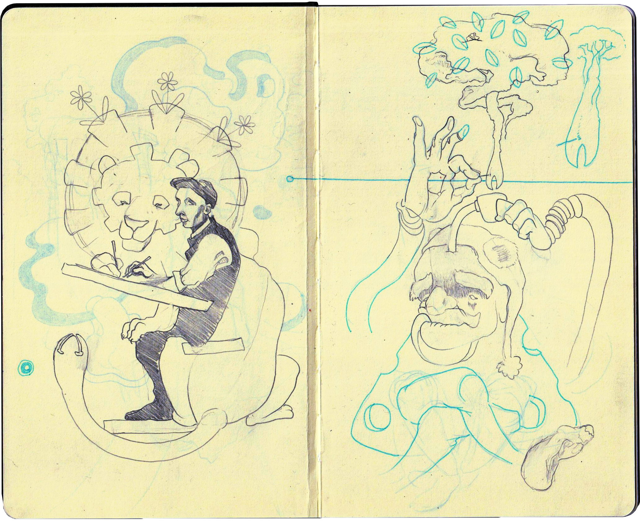A sketchbook with drawings of a person sitting next to a lion's head with a shield behind, a hand holding a pencil, a person wearing a hat, and surreal elements including a tree, a face with a pipe, and cartoonish characters.