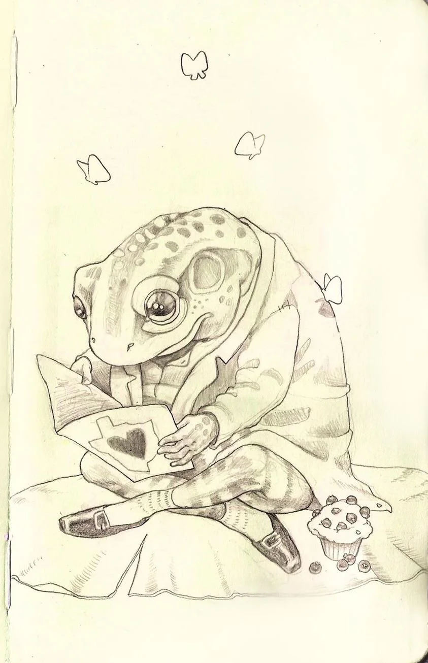 A detailed pencil drawing of an anthropomorphic lizard reading a love card, sitting on a cushion with a cupcake and scattered berries nearby, with butterflies flying around.