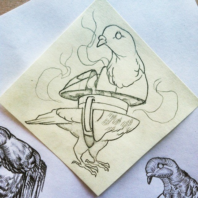 Drawing of a bird wearing a belt with smoke rising above it, depicted on a yellow sticky note paper.