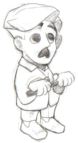 A black-and-white sketch of a young boy with a worried expression, wearing a cap, coat, and boots, holding a small object in his hands.