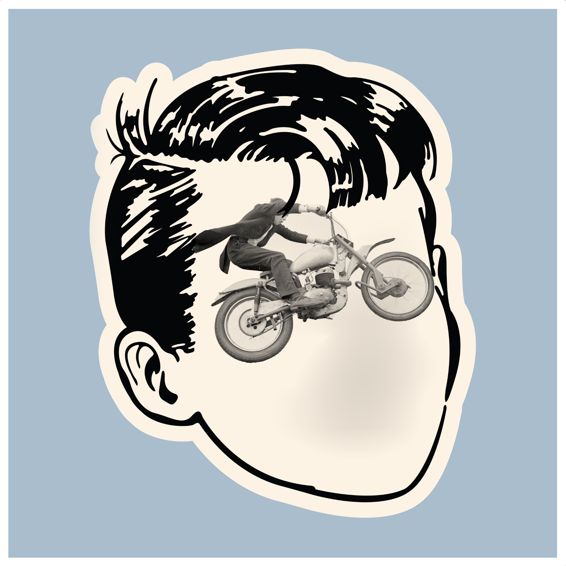 A stylized illustration of a person's head in outline with a ram's horn hairstyle, containing a black and white photograph of a man in a suit riding a motorcycle, giving a surreal and imaginative effect.