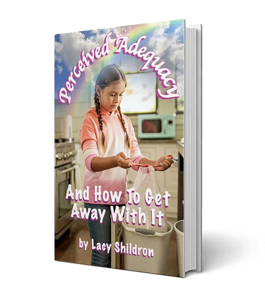 Book cover titled 'Perceived Adequacy and How To Get Away With It' by Lacy Shildron, featuring a young girl with braided hair in a kitchen, examining a pink object, with a rainbow and sky background.