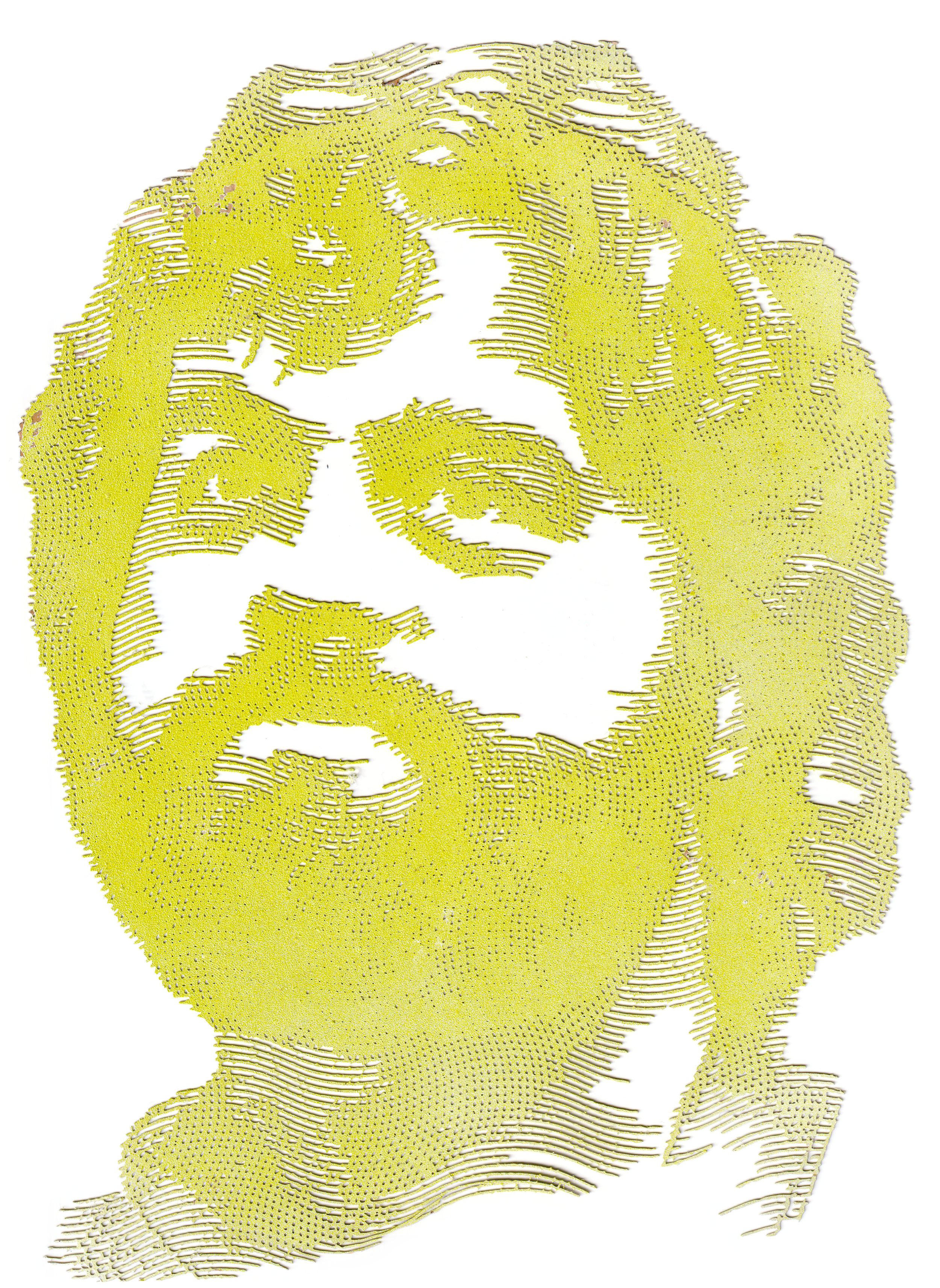 Line art portrait of a woman with curly hair, rendered in yellow lines on a white background.