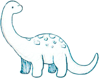 A cartoon illustration of a friendly, pale blue dinosaur with a long neck, small head, and a rounded body with bumps, standing on four short legs.