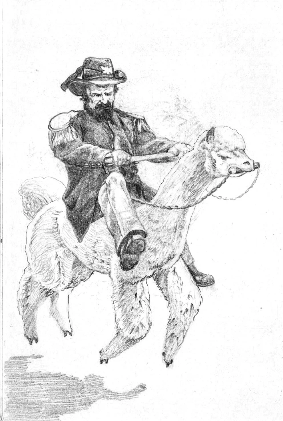 Sketch of a man in a military uniform riding a bear and holding onto its reins.
