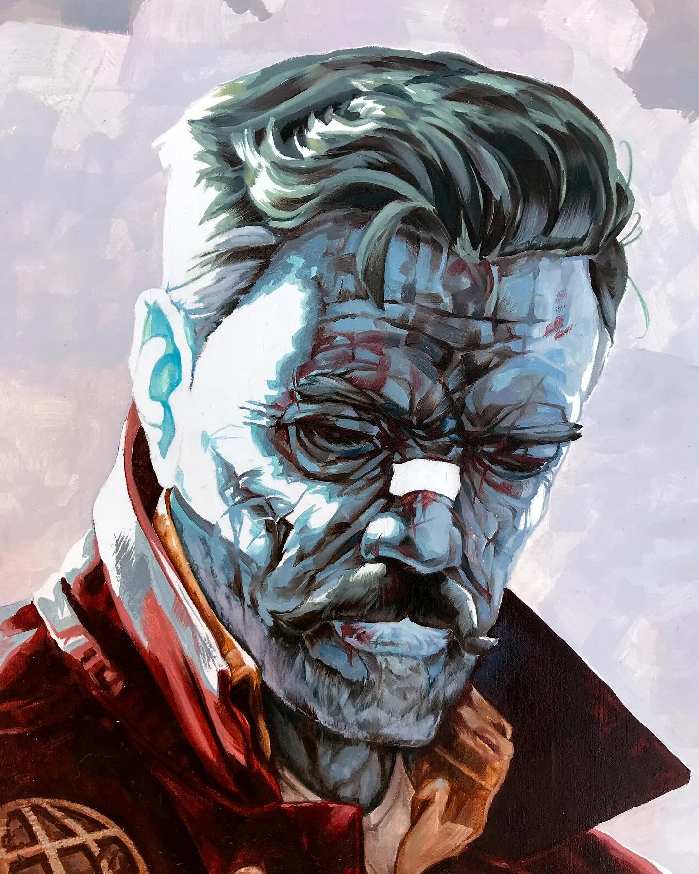 Painting of a serious man with slicked-back dark hair, beard, and mustache, wearing a dark red coat with gold accents and a high collar.