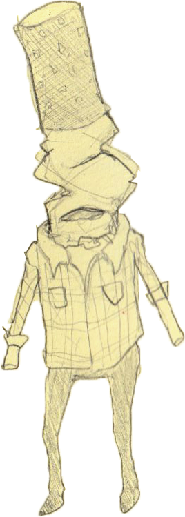 A person wearing a large cardboard tophat, sunglasses, a jacket, and pants.