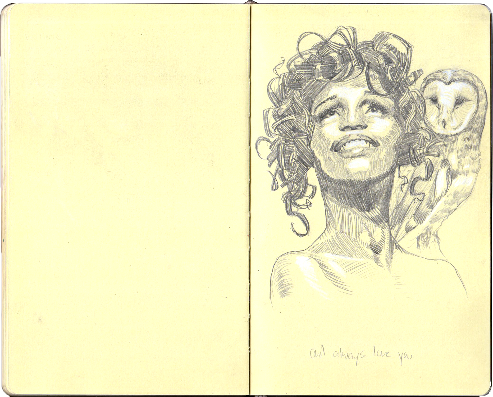 A pencil sketch of a woman with curly hair and a happy expression, with a barn owl perched on her shoulder. The drawing is on a yellowed, open sketchbook with the note "God always love you" handwritten at the bottom.