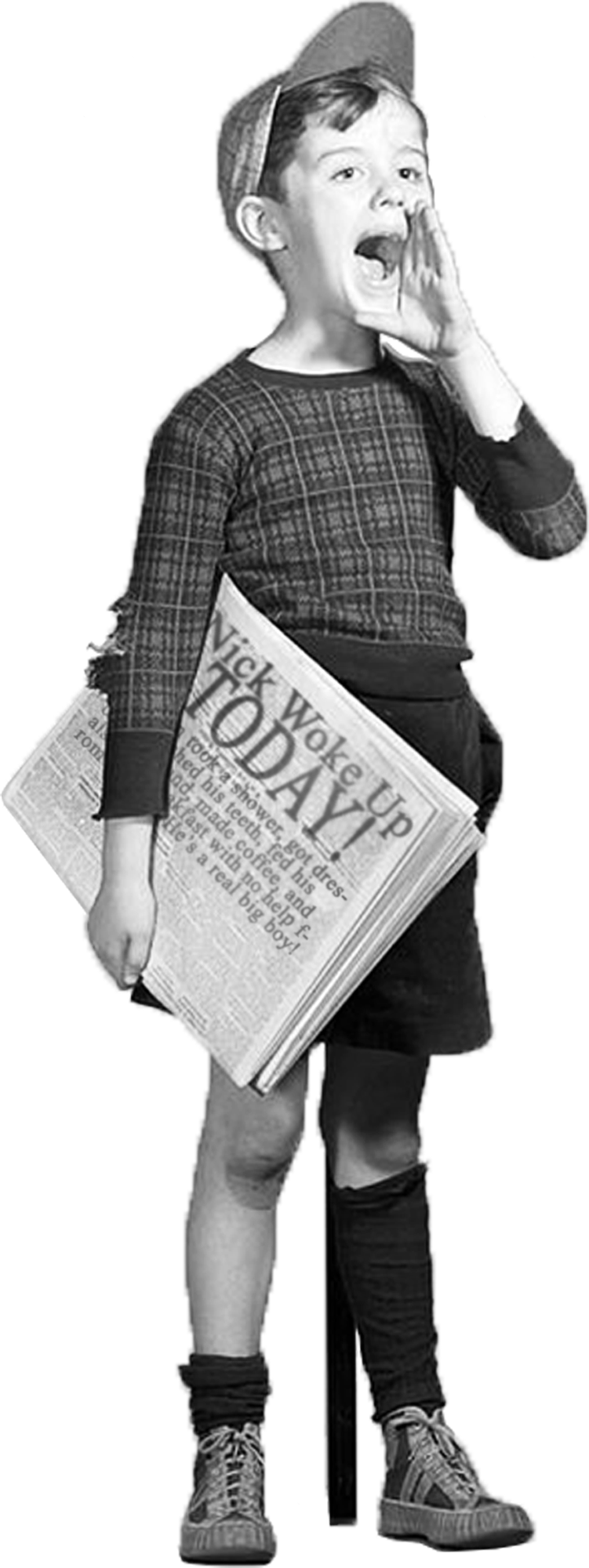 Black and white photo of a young boy wearing a baseball cap, plaid long-sleeve shirt, shorts, and sneakers. He is holding a newspaper with the headline "Vick Woke Up Today," and appears to be shouting or calling out.