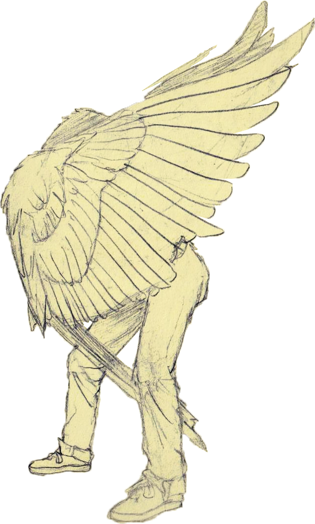A sketch of a person with large bird wings attached to their back, standing on one leg with the other slightly lifted. The person is dressed in casual clothing, including a hoodie, pants, and sneakers.