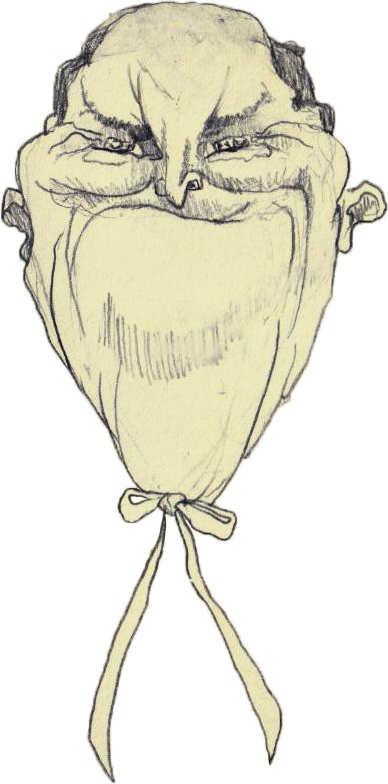 A humorous hand-drawn caricature of a person's face with exaggerated features, smiling broadly, with eyes squinting and hands holding the face. The drawing is outlined in black with minimal color details.