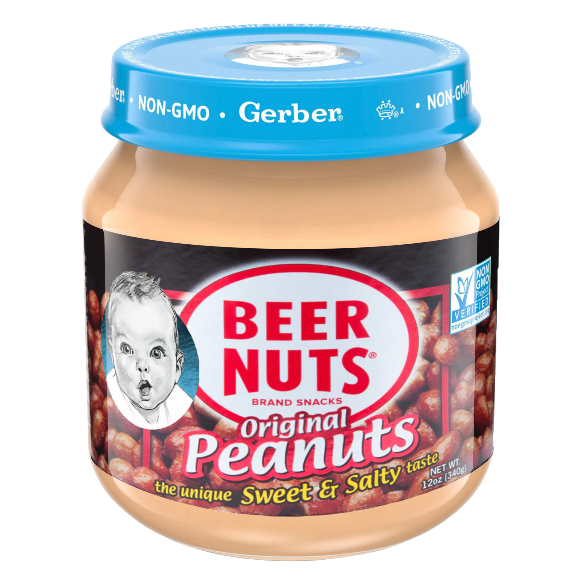 A jar of Beer Nuts original peanuts with a blue lid labeled non-GMO and Gerber, featuring a illustrated baby face and a black label with red and white text, depicting peanuts and labeling it as sweet and salty taste, 12 ounces.