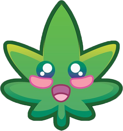 A cute, animated cartoon cannabis leaf with big, sparkling eyes, pink cheeks, and a wide open mouth, expressing happiness.