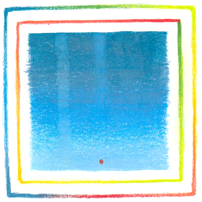 A colorful square border with multiple layers of red, yellow, green, and blue, surrounding a white background and a central blue gradient rectangle with a small red dot at the bottom center.