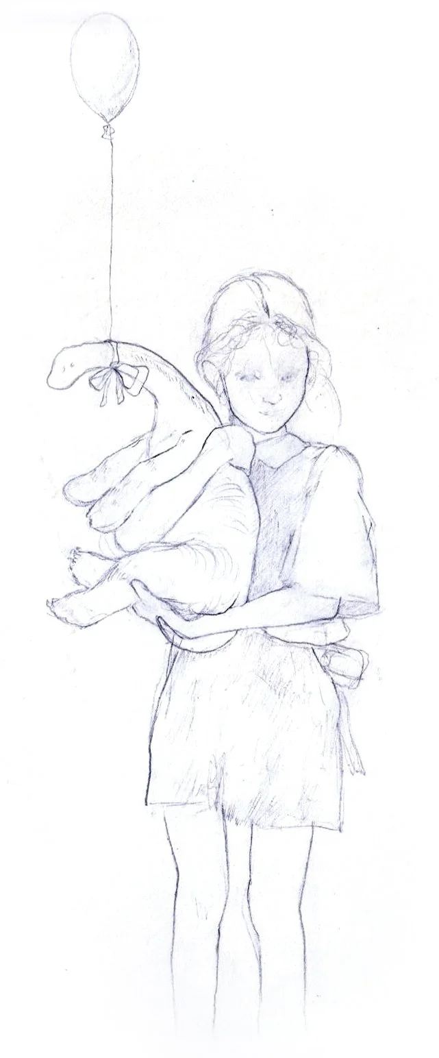 A pencil sketch of a young girl holding a duck in her arms, with a balloon floating above her.
