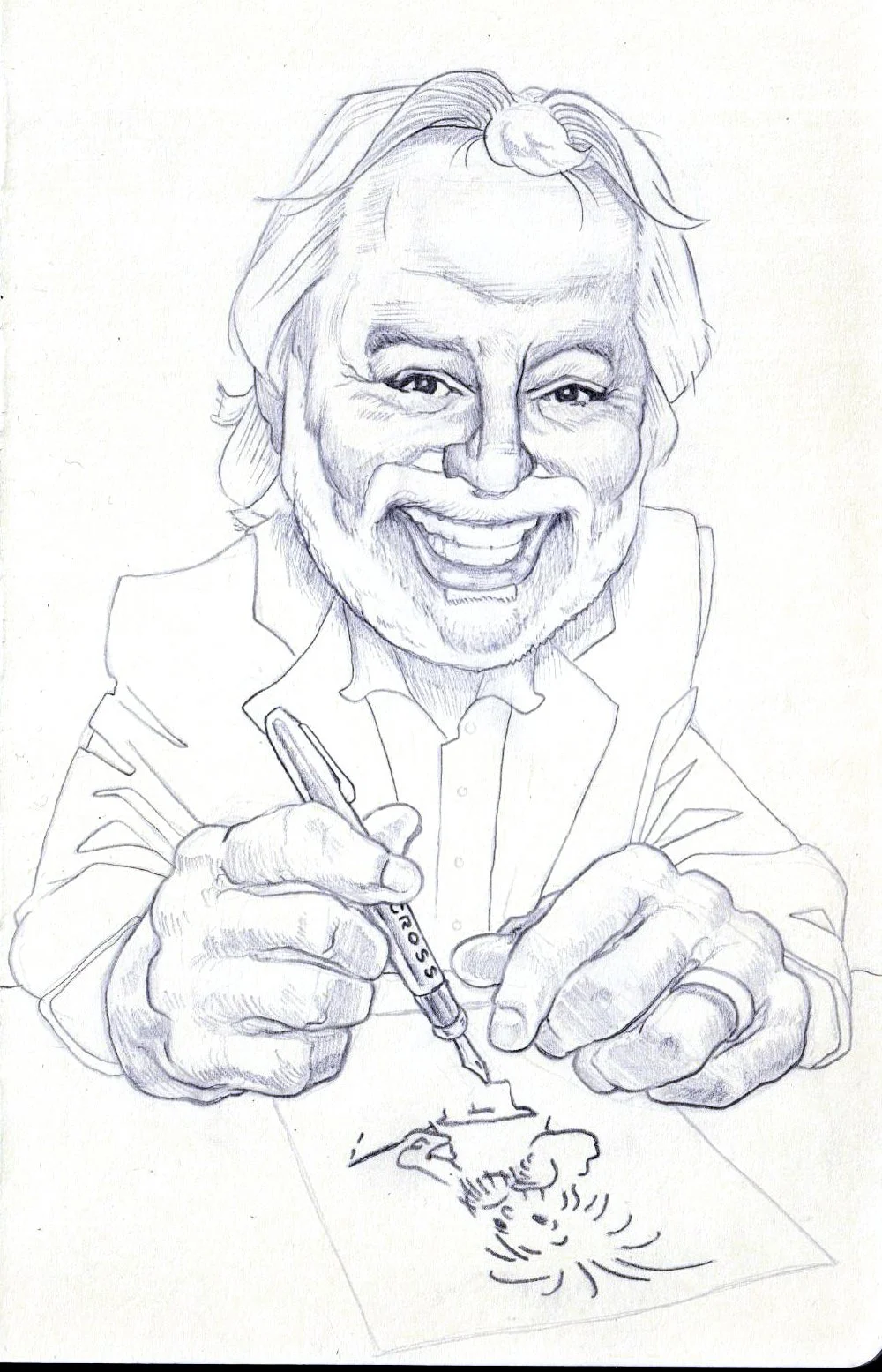 A detailed pencil sketch of a man with long hair and a beard, smiling and holding a marker while drawing a picture of a dog on paper.