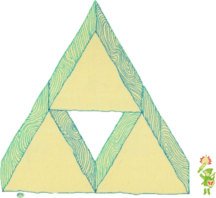 Colorful geometric pattern with overlapping triangles and lines in pastel shades of yellow, blue, and green, with a small decorative element featuring a butterfly and a flower in the bottom right corner.