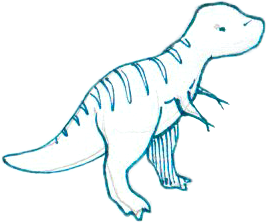 Drawing of a dinosaur with a long tail and small arms, in shades of blue.
