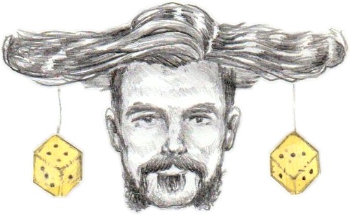 A pencil sketch of a man's face with a mustache and beard, with hair styled to resemble clouds or wind, and two yellow dice hanging from strings on either side of his face.
