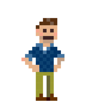 Pixel art illustration of a man with brown hair, a mustache, wearing a blue jacket, light-colored pants, and brown shoes, standing with hands on hips.