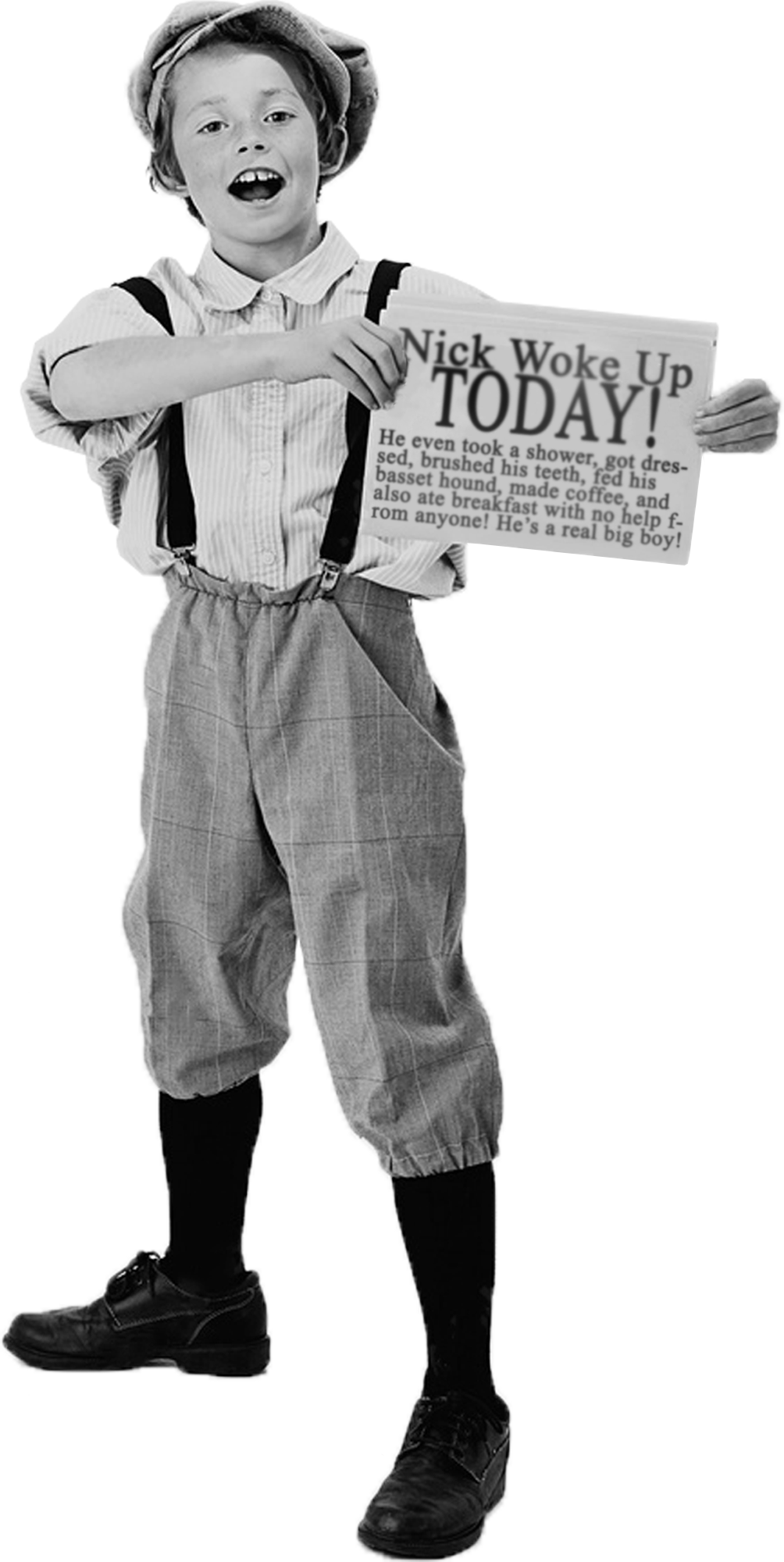 A young boy dressed in vintage clothing, including a hat, suspenders, a collared shirt, baggy trousers, knee-high socks, and dress shoes, is holding a newspaper with the headline "Nick Woke Up TODAY!" and smiling enthusiastically.