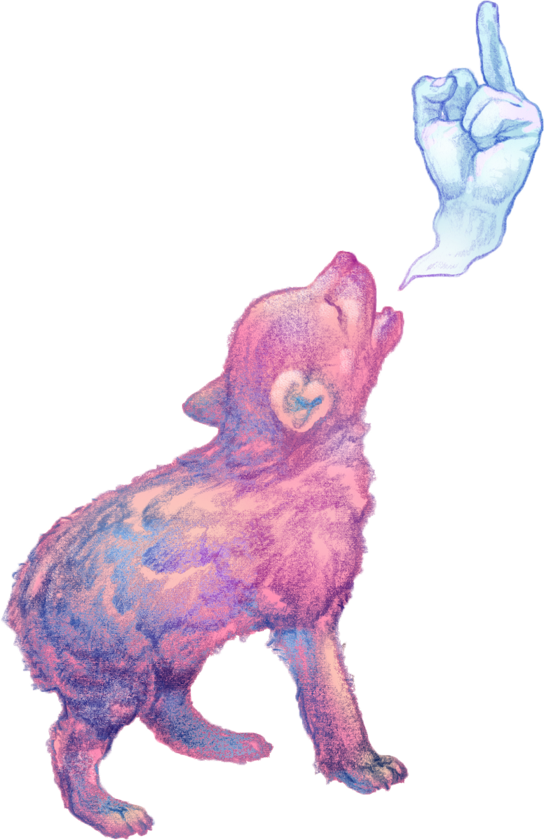 A colorful, artistic illustration of a dog with a raised paw, and a human hand pointing upward with the index finger, positioned near the dog’s head.