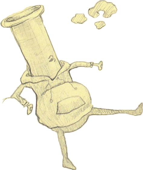 A cartoon drawing of a character with a round body, a face with a large mouth, arms, and legs, wearing a top hat. The character appears to be dancing or in a lively pose.