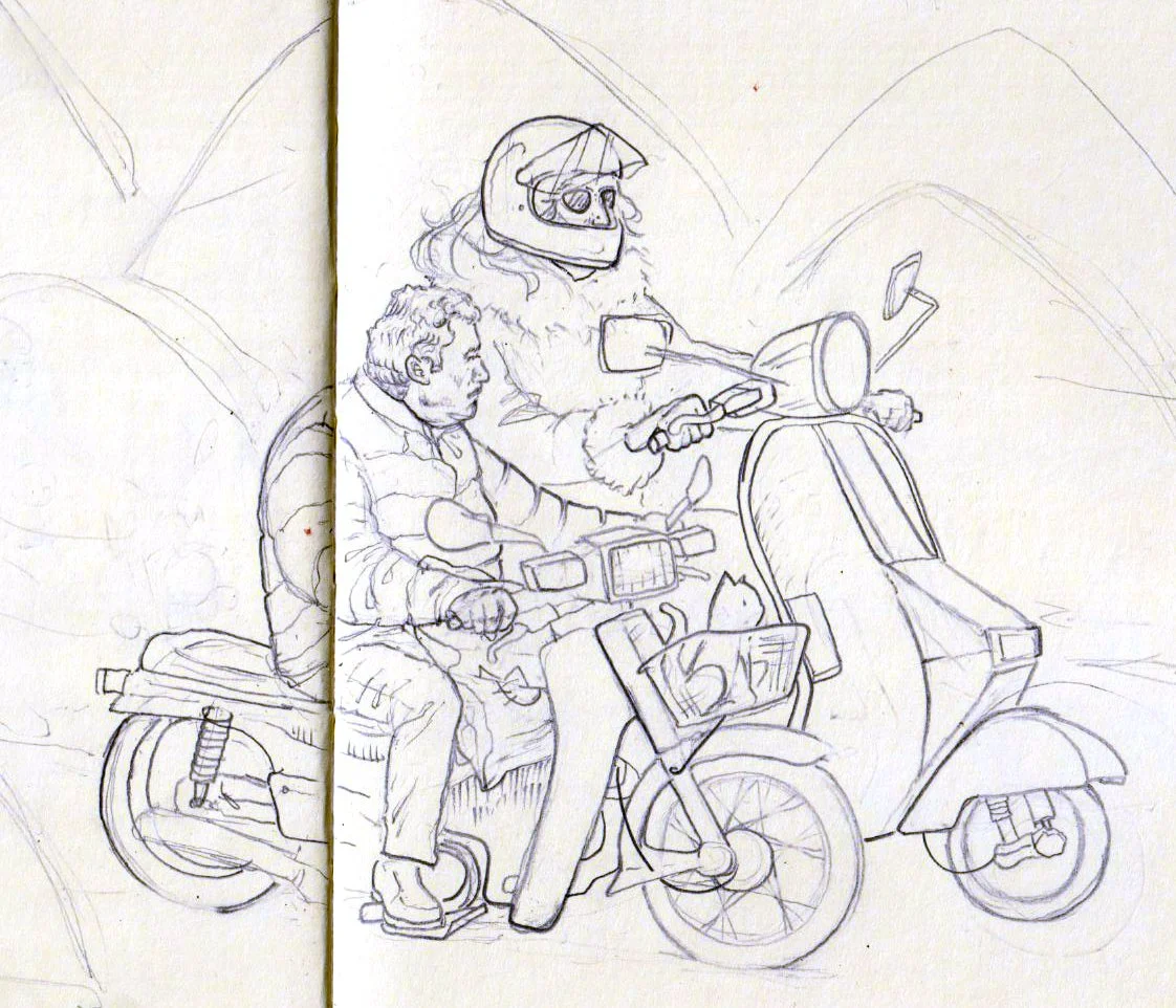 A pencil sketch of two people riding a motorcycle, one in front wearing a helmet and goggles, and a passenger seated behind, with mountains in the background.