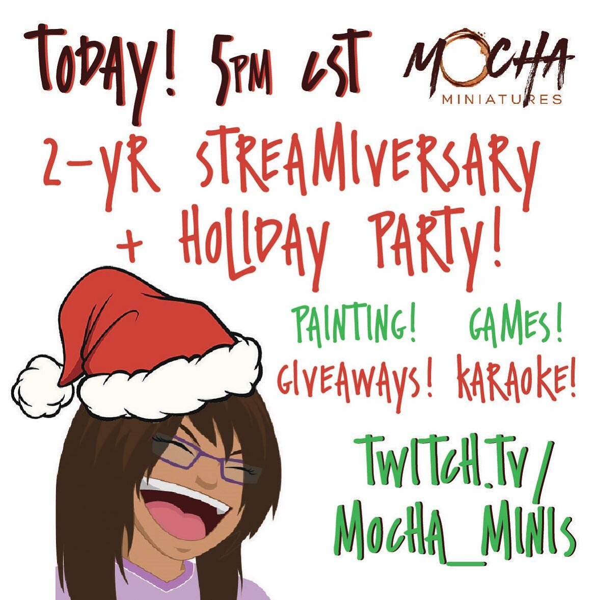 Join us TODAY for painting shenanigans and $200+ worth of giveaways 🎉 .
.
.
.

#holiday #streamiversary #speedpaint #reaperbones #reaper #reapermini  #twitch #twitchstreamer #mochaminis #miniaturepainting #minipainting #tabletopgames #tabletoprpg #t