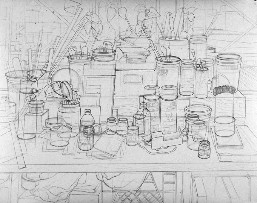 Studio Table 3 2002 Pencil on paper 86 x 130 cm