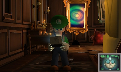Luigi on his "Dual Screen" or "DS" device, getting a call from Professor E. Gadd in Luigi's Mansion: Dark Moon .