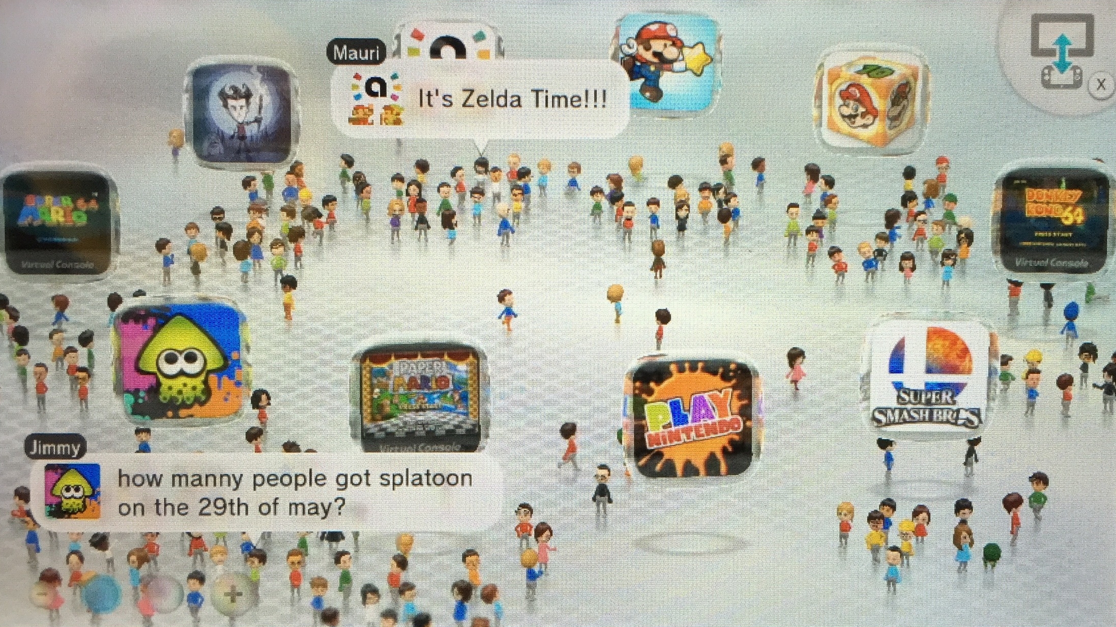 The Wii U's "Wara Wara Plaza," a gathering place for Miis (and their Miiverse posts) to gather around games that are trending on the system's social network.
