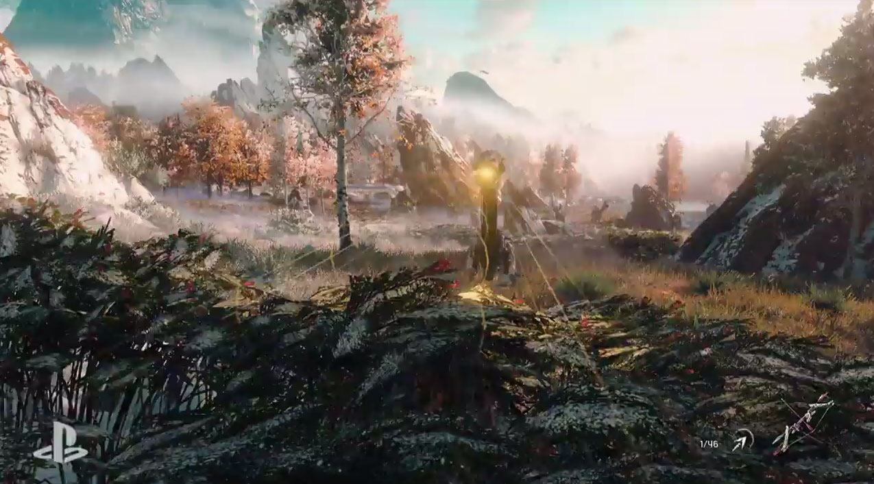 A little scout robot scans foliage as Aloy hides.